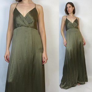 CLUB MONACO Real SILK Khaki Green Wrap Maxi Criss Cross Back Dress! Medium Large